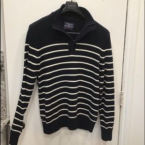 Men’s Navy Blue Striped, 1/4 Zip/Button Sweater